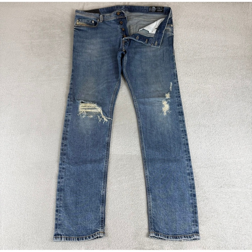 Diesel Tepphar Slim Carrot Jeans Mens 36x32 Blue Button Fly Distressed Stretch